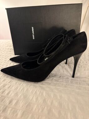 Saint Laurent Lexi 90 Black Suede Ankle Strap Pumps